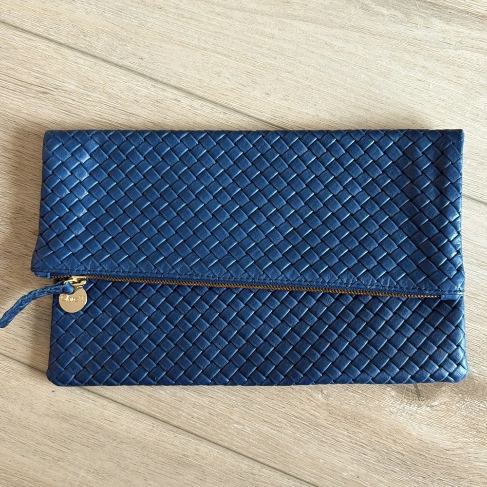 Navy Woven Fold-Over Clutch with Gold Zip Accent